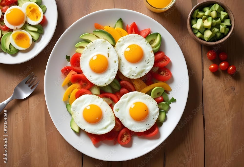 Delicious breakfast served with a fried egg, perfect to start the day. The egg, cooked to a delicate, runny consistency, paired with accompaniments like crispy toast, fresh vegetables Delicious breakfast served with a fried egg, perfect to start the day. The egg, cooked to a delicate, runny consistency, paired with accompaniments like crispy toast, fresh vegetables