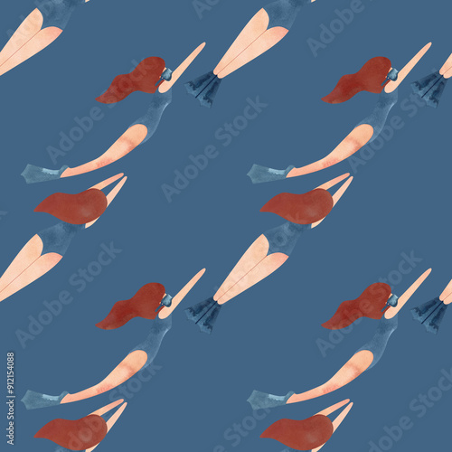 Seamless pattern with floating women in vintage style. Swimming. Watercolor illustration on blue background photo