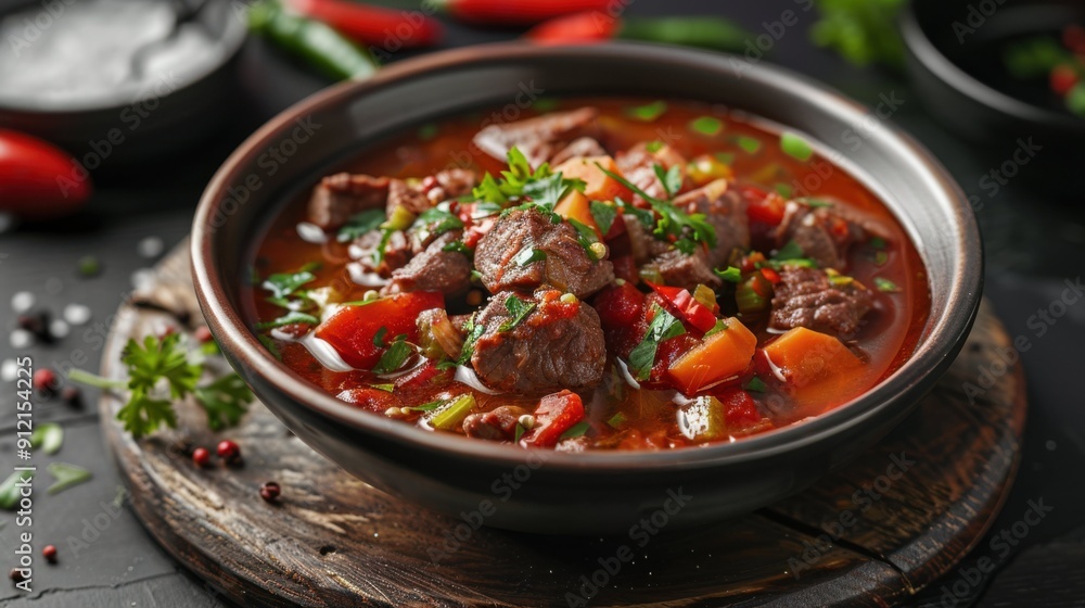 A steaming bowl of goulash soup with tender beef, colorful vegetables, and fresh herbs, perfect for a cozy meal on a chilly evening A steaming bowl of goulash soup with tender beef, colorful vegetables, and fresh herbs, perfect for a cozy meal on a chilly evening