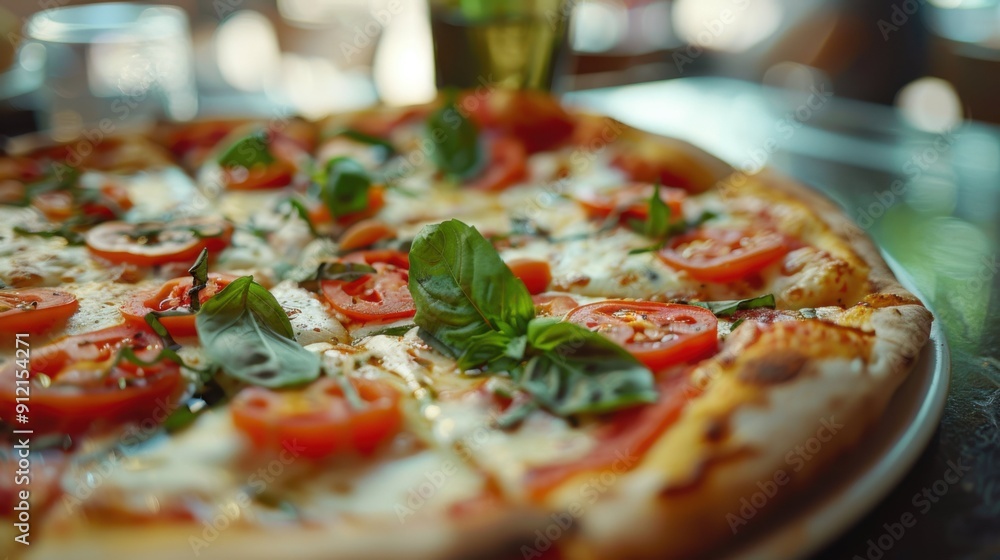 A delightful pizza topped with melted cheese, fresh tomatoes, and fragrant basil, served in a warm and inviting restaurant atmosphere A delightful pizza topped with melted cheese, fresh tomatoes, and fragrant basil, served in a warm and inviting restaurant atmosphere