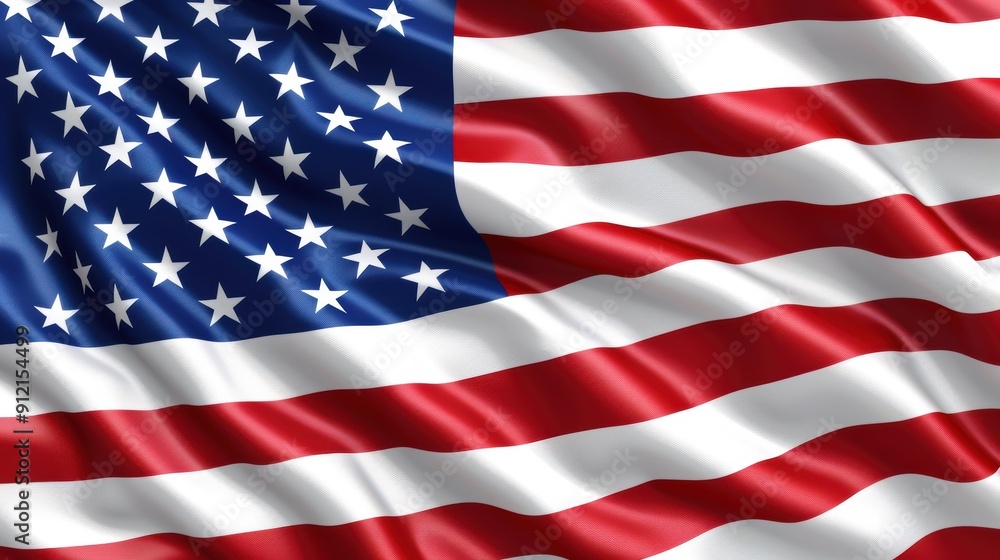 Naklejka premium The American flag waves gently, showcasing its vibrant red, white, and blue colors in a slow and graceful motion