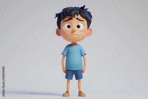 Sad Cartoon Boy Looking Down.