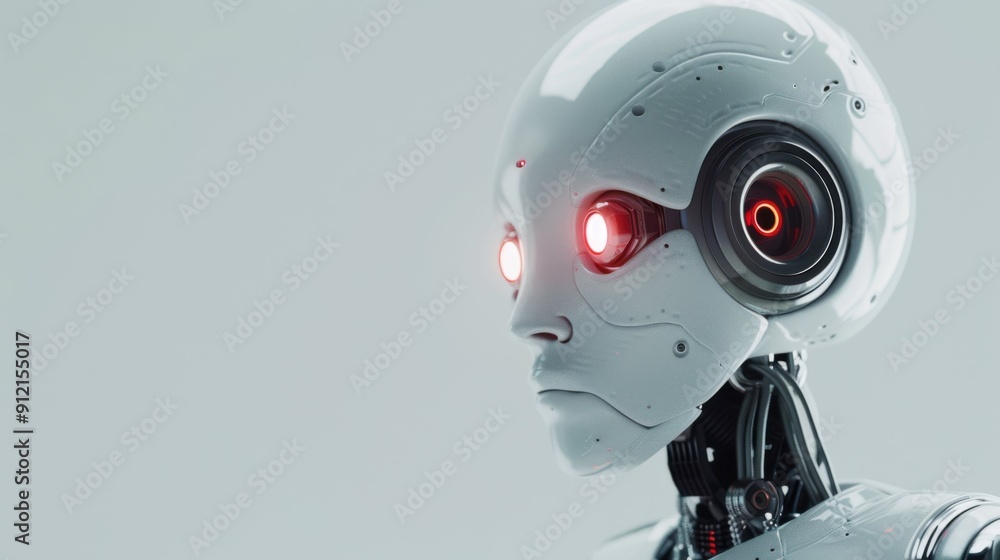 A humanoid robot with glowing red eyes stands in a minimalistic studio, showcasing advanced technology and sleek design A humanoid robot with glowing red eyes stands in a minimalistic studio, showcasing advanced technology and sleek design
