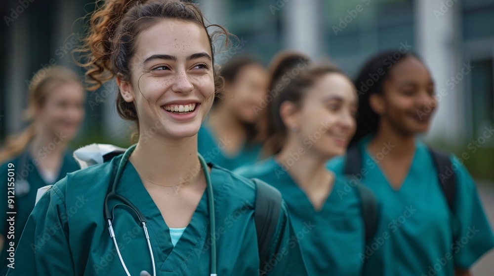 Diverse female medical students happily leave a training class together. Group of bright young women in medical school wearing scrubs. Diverse female medical students happily leave a training class together. Group of bright young women in medical school wearing scrubs.