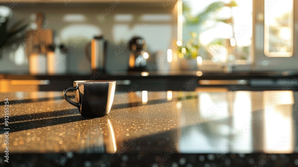 A coffee cup rests on a sleek kitchen island countertop, illuminated by the warm glow of morning sunlight, creating a peaceful atmosphere A coffee cup rests on a sleek kitchen island countertop, illuminated by the warm glow of morning sunlight, creating a peaceful atmosphere