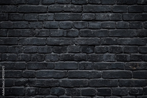 Black brick wall background texture, dark grunge black bricks backdrop for design or wallpaper with space for text.