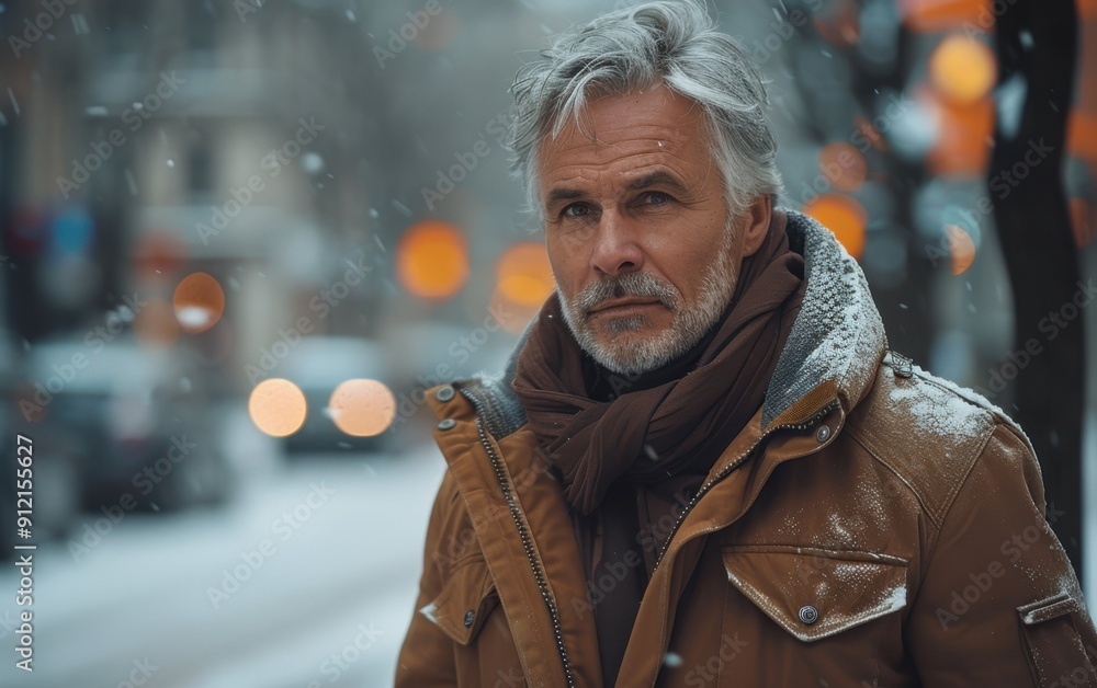 A man with gray hair dressed in a brown jacket strolls through a snowy urban street during a winter evening A man with gray hair dressed in a brown jacket strolls through a snowy urban street during a winter evening