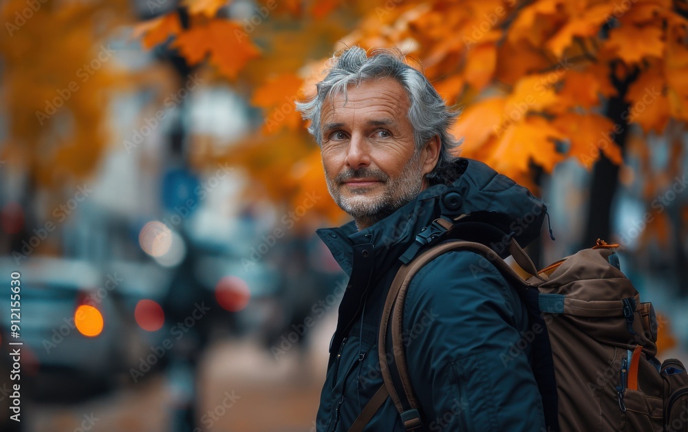 A man with gray hair in a black jacket and backpack enjoys a walk surrounded by vibrant autumn foliage in an urban setting A man with gray hair in a black jacket and backpack enjoys a walk surrounded by vibrant autumn foliage in an urban setting