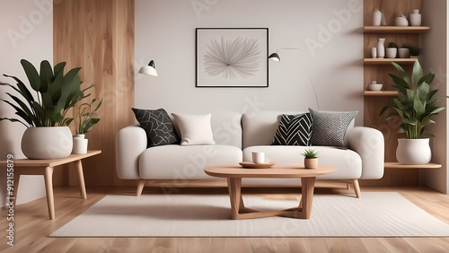 Home Interior Mock Up, Cozy Modern Room With Natural Wooden Furniture, 3D Render, Vectors Illustrations