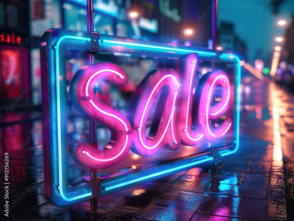 A glowing neon sale sign reflects on a rainy street, drawing attention to a vibrant shopping event in an urban area at night A glowing neon sale sign reflects on a rainy street, drawing attention to a vibrant shopping event in an urban area at night