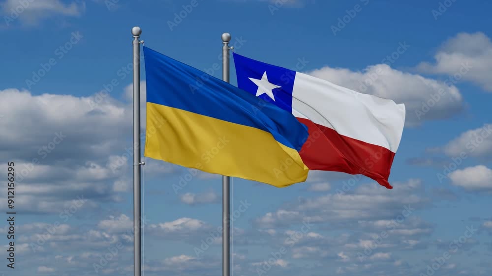 Chile and Ukraine flags flying together, video concept of the relationship, two country relations concept Chile and Ukraine flags flying together, video concept of the relationship, two country relations concept