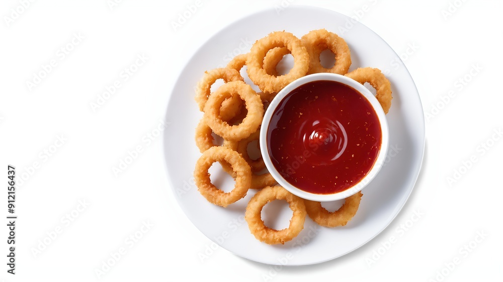 crunchy onion rings arranged around a bowl of ketchup on a white plate isolated crunchy onion rings arranged around a bowl of ketchup on a white plate isolated