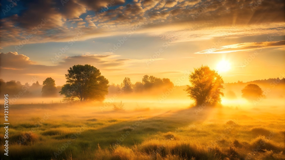 Golden Dawn Over a Misty Meadow AI Generated Golden Dawn Over a Misty Meadow AI Generated