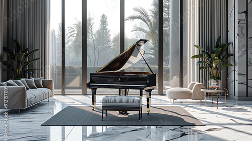 Baby Grand Piano in a Modern Living Room with Sleek Design and Natural Light