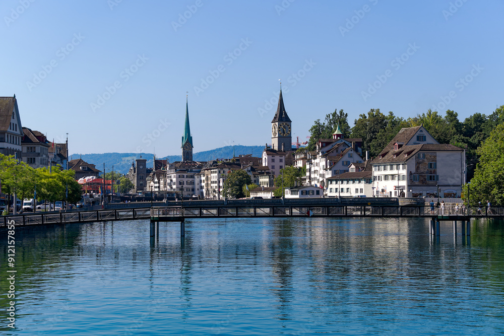 Scenic view of Limmat River at the old town of Swiss City of Zürich on a sunny summer day. Photo taken August 6th, 2024, Zurich, Switzerland. Scenic view of Limmat River at the old town of Swiss City of Zürich on a sunny summer day. Photo taken August 6th, 2024, Zurich, Switzerland.