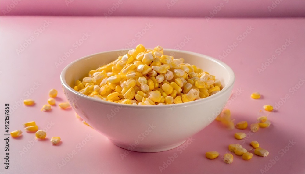 Corn in a white bowl, front and top view, isolated on a pink background Corn in a white bowl, front and top view, isolated on a pink background