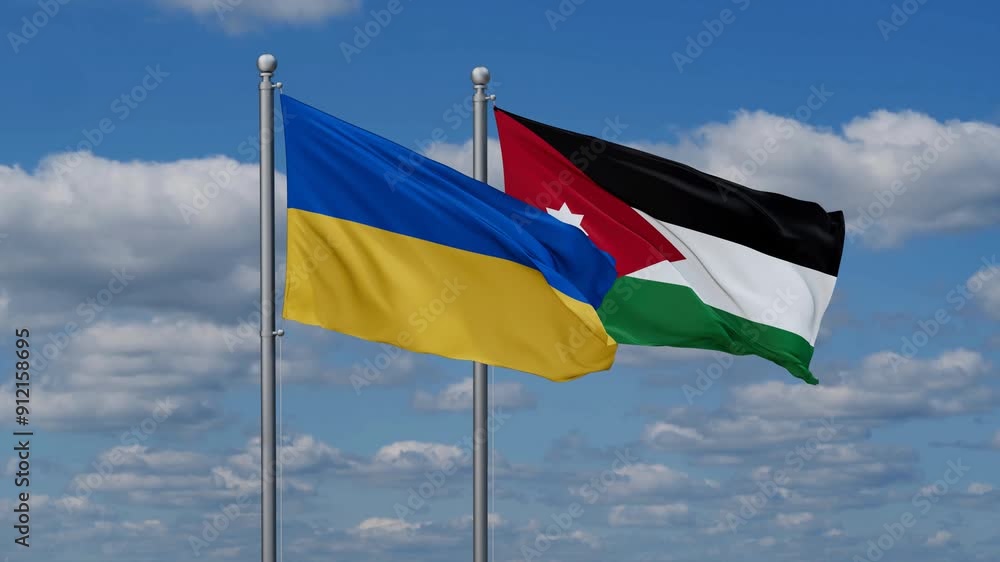Jordan and Ukraine flags flying together, video concept of the relationship, two country relations concept Jordan and Ukraine flags flying together, video concept of the relationship, two country relations concept