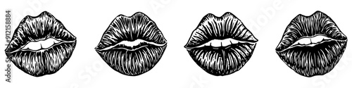 Kiss icons set. Black lipstick kiss print. Kiss mark isolated. Red lips silhouette. Vector illustration