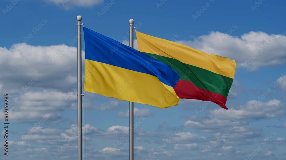 Lithuania and Ukraine flags flying together, video concept of the relationship, two country relations concept Lithuania and Ukraine flags flying together, video concept of the relationship, two country relations concept