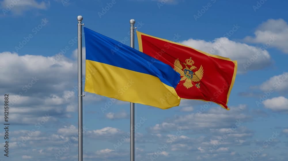 Montenegro and Ukraine flags flying together, video concept of the relationship, two country cooperation concept Montenegro and Ukraine flags flying together, video concept of the relationship, two country cooperation concept