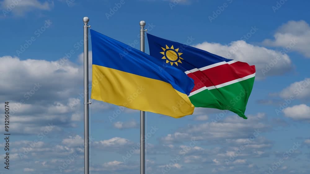 Ukraine and Namibia flags flying together, video concept of the relationship, two country relations concept Ukraine and Namibia flags flying together, video concept of the relationship, two country relations concept