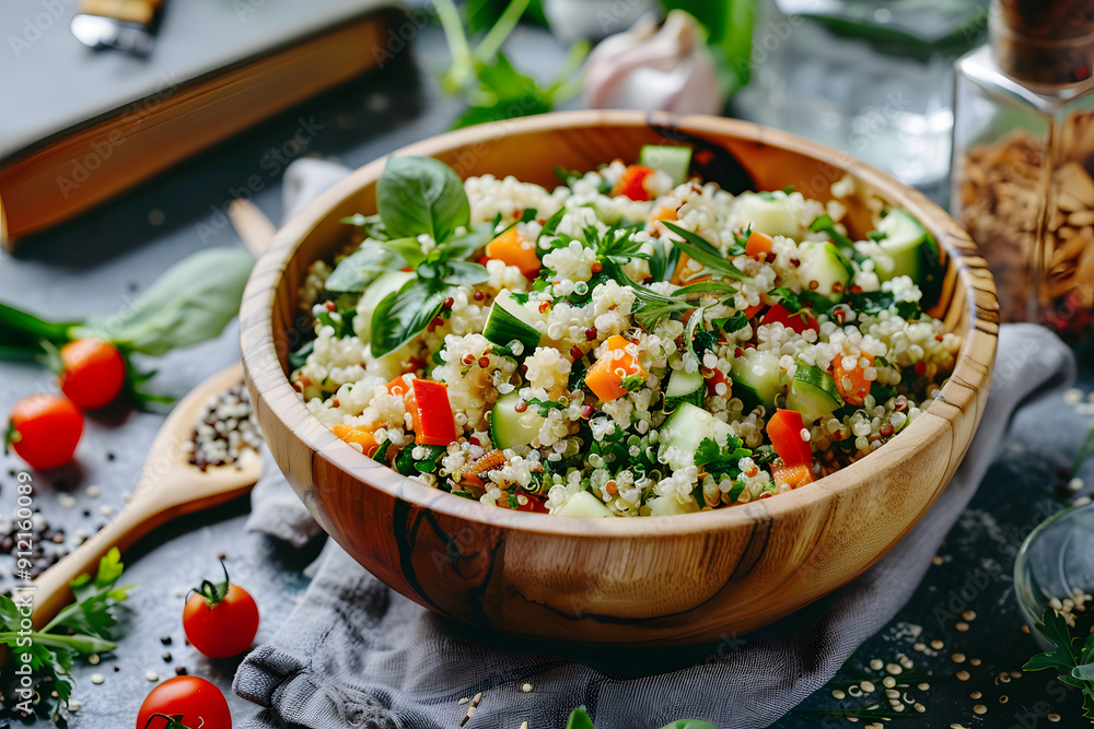 A bowl of salad with vegetables and quinoa A bowl of salad with vegetables and quinoa