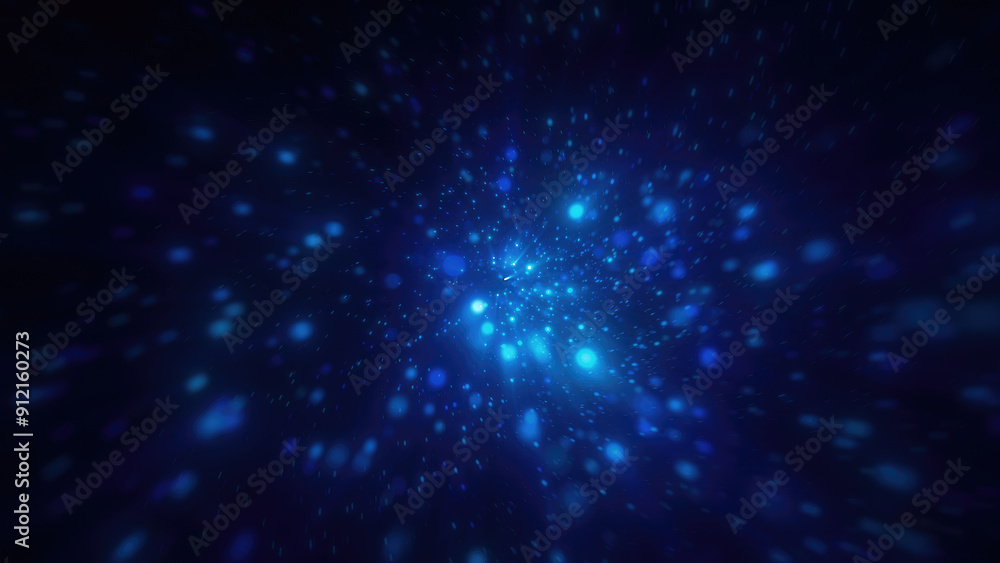Obraz premium Abstract bright blue glowing background with flying dots circles bokeh energy particles and light rays