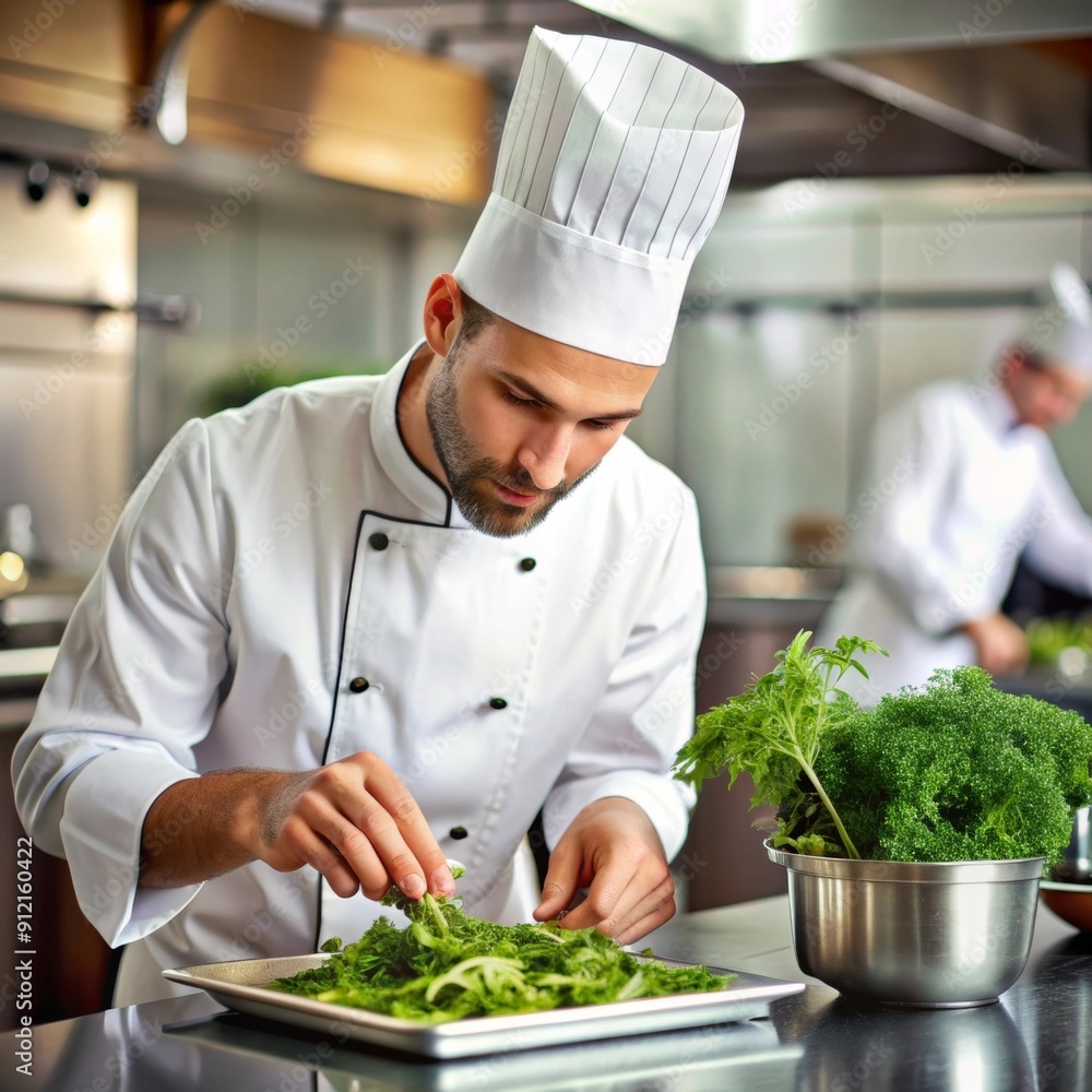 A chef preparing herbs in a professional kitchen, showcasing culinary expertise and skillful cooking techniques in a well-equipped, high-end environment. A chef preparing herbs in a professional kitchen, showcasing culinary expertise and skillful cooking techniques in a well-equipped, high-end environment.