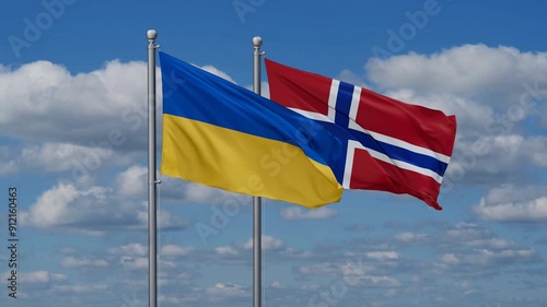 Norway and Ukraine flags flying together, video concept of the relationship, two country relations concept
