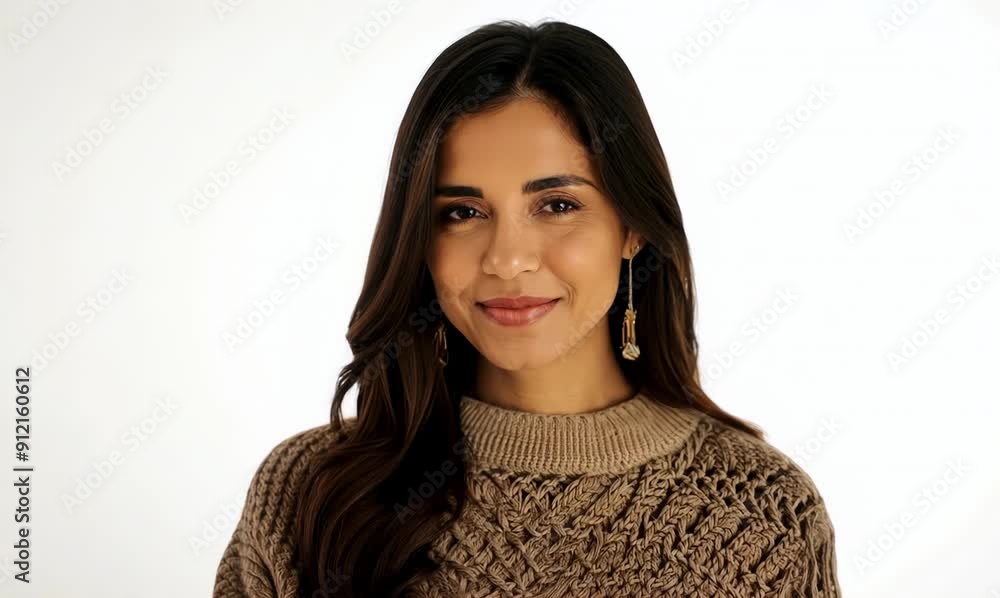 Medium shot portrait video of a Peruvian woman in her 30s wearing a cozy sweater against a white background Medium shot portrait video of a Peruvian woman in her 30s wearing a cozy sweater against a white background