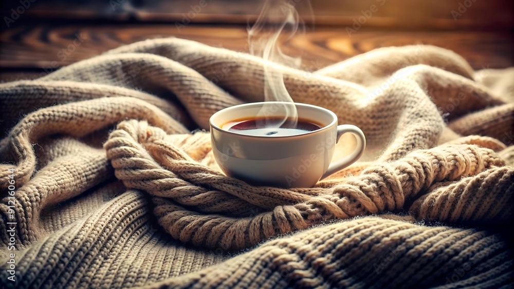 Coffee and Cozy Comfort: A steaming cup of coffee nestled in a cozy knitted blanket, radiating warmth and comfort. generative AI Coffee and Cozy Comfort: A steaming cup of coffee nestled in a cozy knitted blanket, radiating warmth and comfort. generative AI