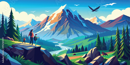 Create a vibrant, colorful landscape featuring a serene mountain scene at sunset. The scene should include tall, evergreen trees, rolling hills, a winding river, and a backdrop of majestic mountains. 