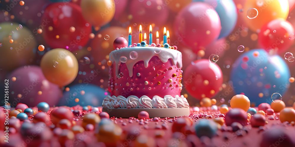 Birthday cake with candles, Balloons background Birthday cake with candles, Balloons background