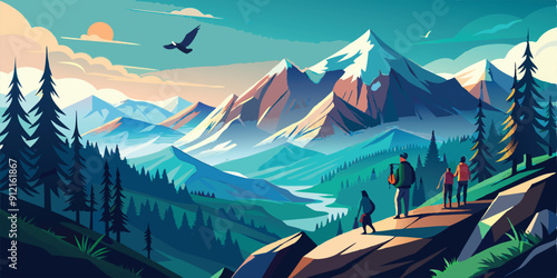 Create a vibrant, colorful landscape featuring a serene mountain scene at sunset. The scene should include tall, evergreen trees, rolling hills, a winding river, and a backdrop of majestic mountains. 