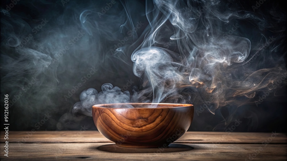 Smoke rises from a wooden bowl on a dark background, adding a mystical and exotic touch of magic and mystery, smoke, rising Smoke rises from a wooden bowl on a dark background, adding a mystical and exotic touch of magic and mystery, smoke, rising