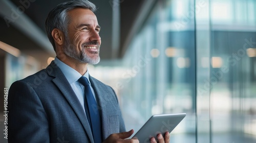 Happy middle aged business man ceo wearing suit standing in office using digital tablet with generative ai