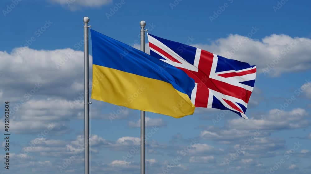 United Kingdom and Ukraine flags flying together, video concept of the relationship, two country cooperation concept United Kingdom and Ukraine flags flying together, video concept of the relationship, two country cooperation concept