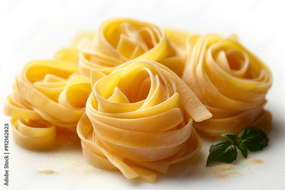 Golden yellow pasta nests assortment on white background, Italian cuisine concept Golden yellow pasta nests assortment on white background, Italian cuisine concept