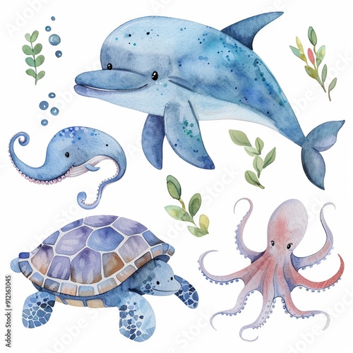 Wallpaper Mural A set of watercolor sea creatures including a smiling dolphin Torontodigital.ca