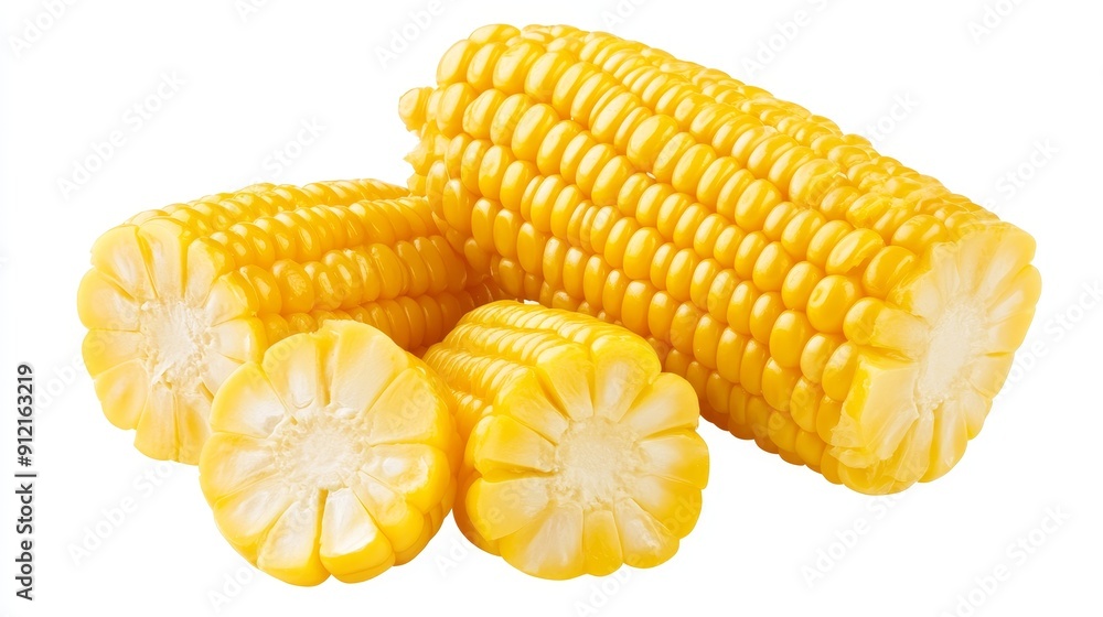 Fresh corn kernels sliced into discs, each piece highlighting the juicy, sweet nature of the corn. Isolated clearly on a white backdrop Fresh corn kernels sliced into discs, each piece highlighting the juicy, sweet nature of the corn. Isolated clearly on a white backdrop