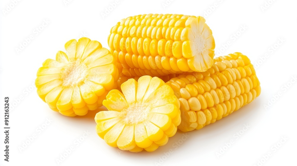Fresh corn kernels sliced into discs, each piece highlighting the juicy, sweet nature of the corn. Isolated clearly on a white backdrop Fresh corn kernels sliced into discs, each piece highlighting the juicy, sweet nature of the corn. Isolated clearly on a white backdrop