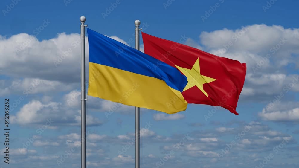 Vietnam and Ukraine flags flying together, video concept of the relationship Vietnam and Ukraine flags flying together, video concept of the relationship