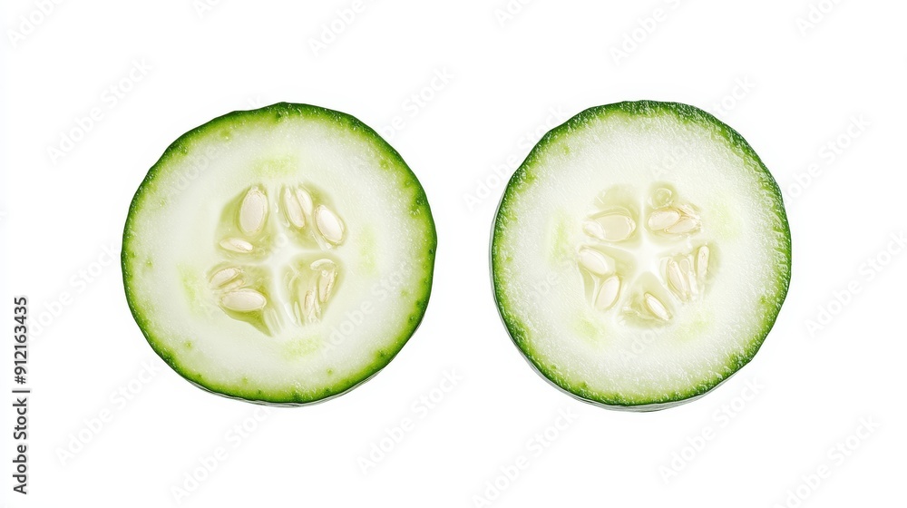 Fresh cucumber halves with seeds clearly visible, showcasing the bright green flesh and pale center. Isolated on a crisp white background Fresh cucumber halves with seeds clearly visible, showcasing the bright green flesh and pale center. Isolated on a crisp white background