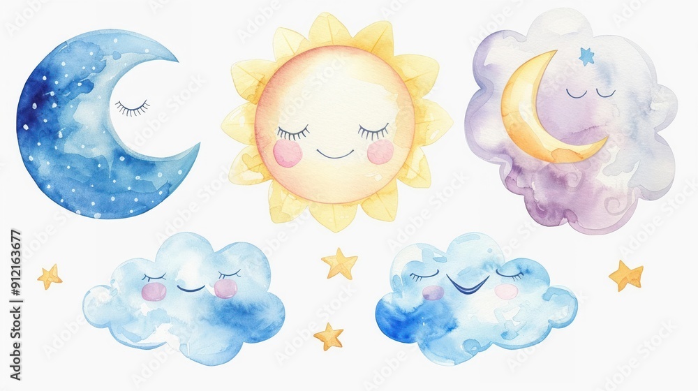 Collection of watercolor weather icons like a beaming sun Collection of watercolor weather icons like a beaming sun