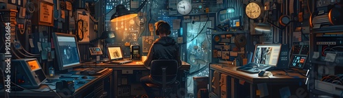 Person working in a dark, futuristic tech lab filled with computers, monitors, and electronic devices. Perfect for tech, cyberpunk, and hacker themes.