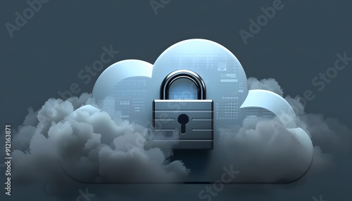 Secure cloud storage concept with digital lock and cloud icons, representing data security, privacy, and technology.