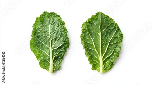 Fresh kale leaves halved to reveal the detailed veins and curly texture. The vibrant green color stands out against a white background photo