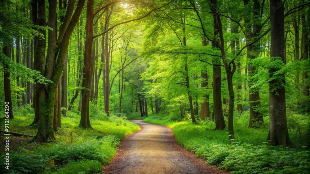 Tranquil path winding through a lush green woods, forest, trees, trail, nature, peaceful, serene, walkway, solitude Tranquil path winding through a lush green woods, forest, trees, trail, nature, peaceful, serene, walkway, solitude