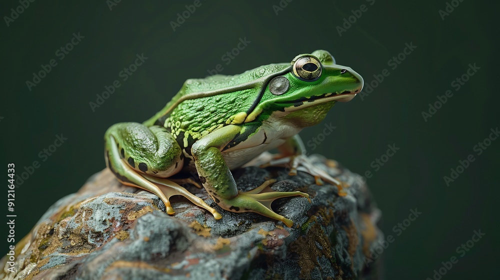 Fototapeta premium A green frog perched on a rustic rock with a blurred background