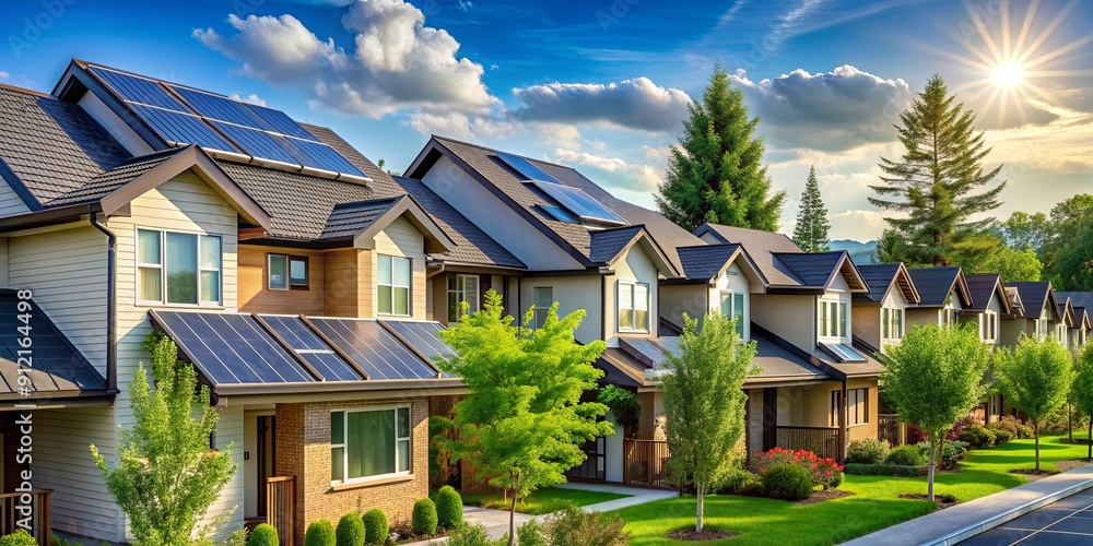 Newly constructed homes with solar panels and green trees against a sky background , sustainable Newly constructed homes with solar panels and green trees against a sky background , sustainable